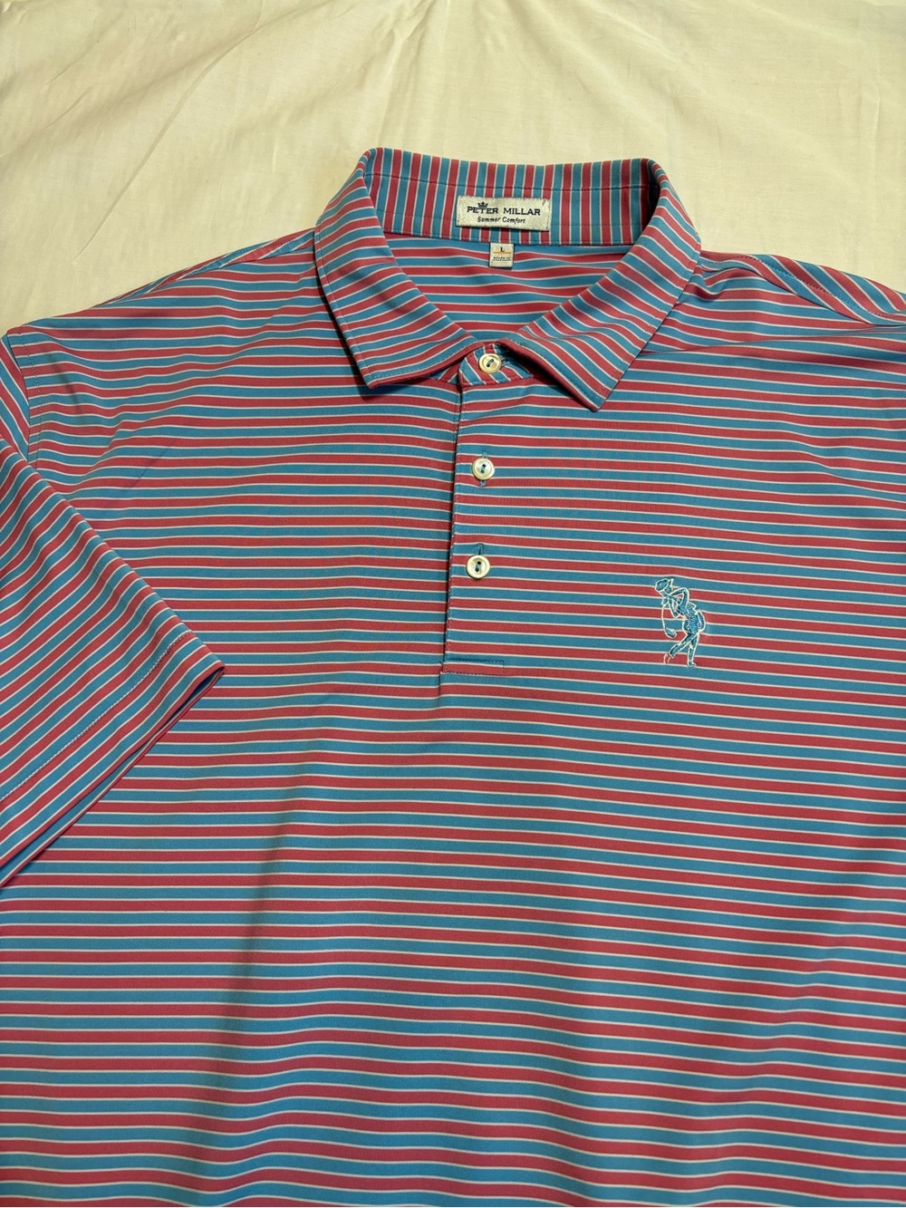 Peter Millar Striped Polo in Coral and Teal Blue